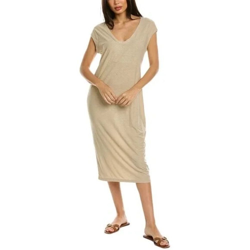 James Perse | 3/L | beige heathered tan tee shirt dress midi t-shirt dress vneck